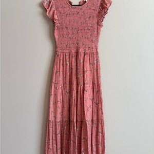 Floral Pink Maxi Dress with Ruffle Sleeves (S-M)